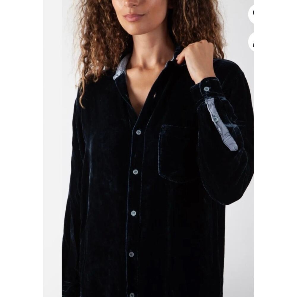 Free People x CP Shades Joss Velvet Velour Button Up Top Blouse Tunic Dark Blue